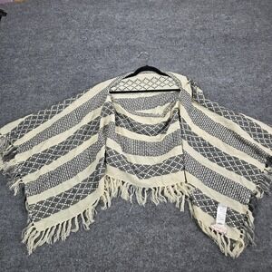 Free People Shawl Womens White Gray Striped Knit‎ Fringe Button Wrap Boho Ruana